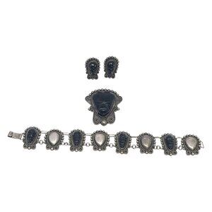 Carved Onyx Face Sterling Silver Mexico Bracelet, Pin, Clip-On Earrings 22837